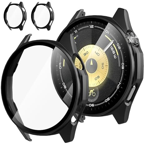 Diruite 2 Stück Schutzhülle für Huawei Watch GT 7/6 46mm Hülle | Ultradünne Harte PC Case mit 9H HD Gehärtetes Glas,Hohe Empfindlichkeit,Kratzfest,Rundum Displayschutz,Schwarz,46mm