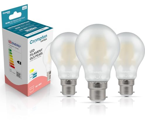 Crompton Lamps Filament GLS LED Light Bulb BC-B22d | 10.5W = 100W Equivalent | Warm White 2700K | Energy Efficient | Bayonet Lightbulb | Long Life 15,000-Hrs | Pearl Glass | 3-Pack