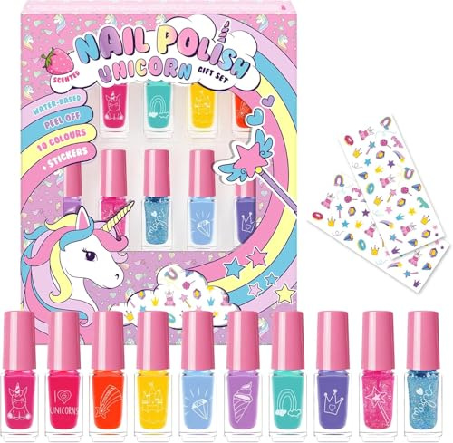 Einhorn-Nagellack-Set für Kinder - 10 abziehbare, wasserbasierte Farben mit Stickern, Magische & Fantasie Edition, ungiftige Formel, 5 ml, 100% britische Marke