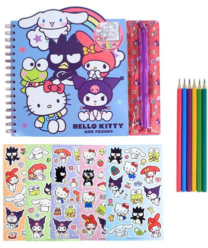 Hello Kitty Kuromi Schreibwarenset, Inklusive Notizbuch, Malvorlagen, Aufklebern und Buntstiften, Geschenk für Mädchen