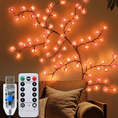 Ninonly Lichterkette Kirschblüten Zweige, 1.8m 96 LED Sakura Wand Lichter | Blumen Lichterkette mit Fernbedienung, 8 Modi Kirschblütenbaum für Schlafzimmer Wedding Raum Deko, Geschenk für Frauen
