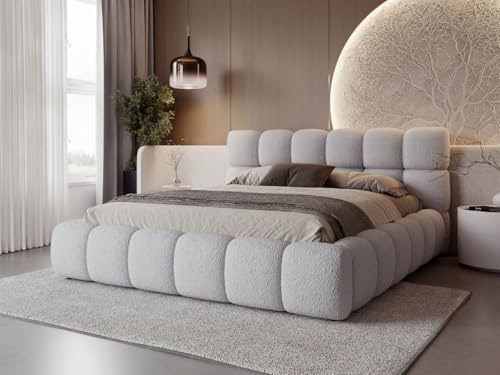 GRAINGOLD Modo Bett 160x200, Polsterbett mit Bettkasten, Polsterbett mit Stauraum, Bouclé-Stoff, mit Lattenrost, mit Kopfteil, ohne Matratze (Grau, 160x200)