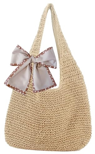 MLPKOI Bolso de Playa de Malla, Bolso de Hombro Para Mujer, Grande Capacidad Bolsa de Paja con Pañuelo, Bolsas de Playa para Viajes, Vacaciones y Compras