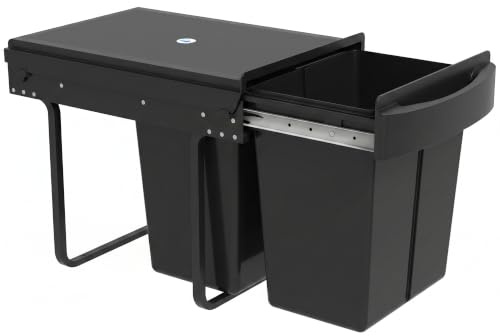 HOMCOM Poubelle sous Évier Coulissante 2x20L 52x33,5x41cm Noir | Poubelle de Tri Sélectif, Seaux Intérieurs Amovibles, Poignée, Coulissement en Douceur, Structure en Acier, Couvercle en ABS