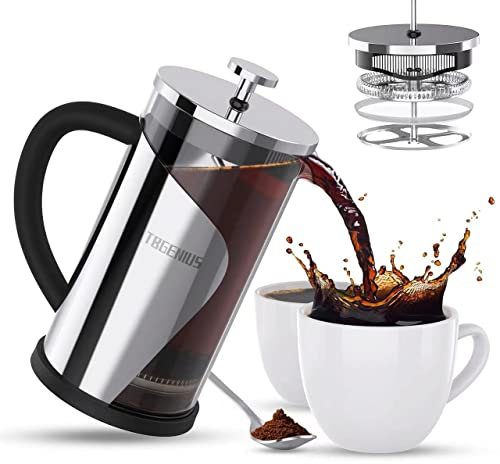 TBGENIUS Cafetiere 2-4 Cups, French Press 600ml Coffee Maker, 4 Level Filtration System, Metal Housing, Perfect for Coffee Lover Gifts Morning Coffee - Brews Milk Froth and Tea