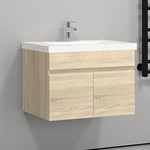 HAPAOSO Waschtisch mit Unterschrank 60 cm Breit Eiche Badmöbel Set Hängend 2 Soft-Close Türe MDF-Platte