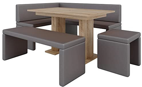 Eckbank Akiko mit Tisch und Bänken - Eckbankgruppe für Ihrem Esszimmer, Küche modern, Sitzecke, Essecke. Perfekt für Küche, Büro und Rezeption. Solide Verarbeitung (Soft 30, 168x128 Links)