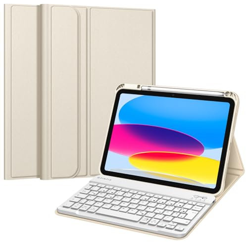 FINTIE Tastatur Hülle für iPad 11.Generation 11 2025, iPad 10. Generation 2022 10.9, Schutzhülle mit TPU Rückschale, Pencil Halter und magnetisch Abnehmbarer Tastatur mit QWERTZ Layout, Champagner
