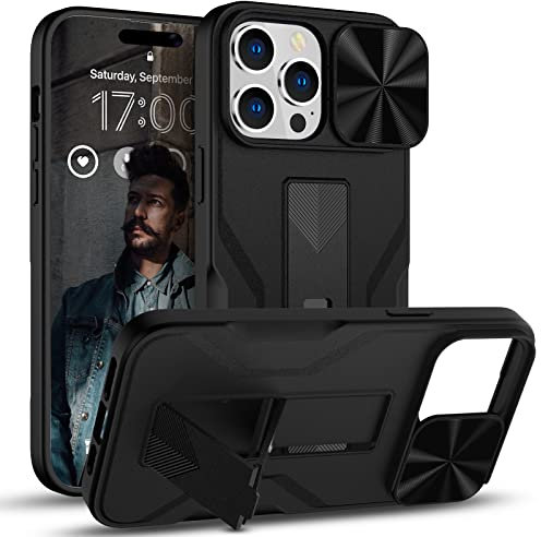imluckies Compatible with iPhone 14 Pro MAX Case with Slide Camera Lens Cover & Built-in Horizontal Kickstand, Shockproof TPU Cover & Matte PC, Durable Bumper, Black