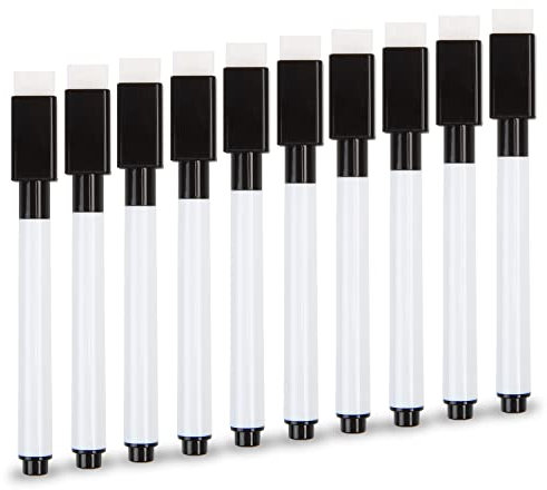 VEYLIN Small Whiteboard Pens, 10PCS Black Dry Wipe Whiteboard Marker Pens with Eraser Fine Tip Whiteboard Pen for Kids