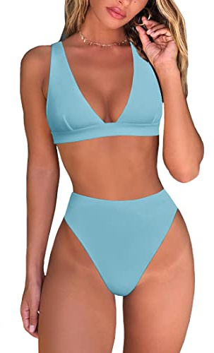 Fatty Tiger Womens High Waisted Thong Bikini Sets Sexy Brazilian Triangle Top Deep V Neck Two Piece Swimsuit Bathing Suits, Light Blue, XL