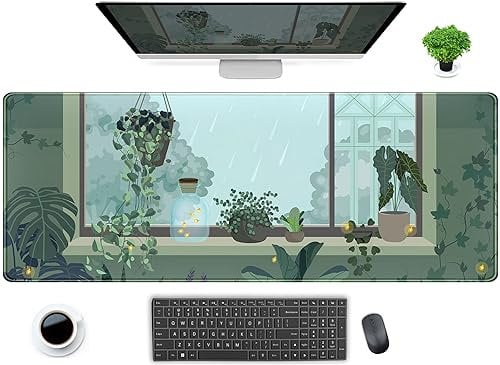 DCJJM Cute Green Plant Lovers Rainy Day Desk Mat, XL Large Extended Anime Gaming Mouse Pad, Kawaii Leaves Mousepad Keyboard Pad Girl Gamer Desk Setup Women Office Decor Desktop Protector 31.5x11.8 in