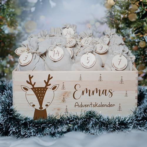 KIDSMOOD Personalisierter Adventskalender 2024 für besondere Überraschungen, Adventskalender zum Befüllen, DIY Weihnachtskalender mit Jutesäckchen & Holzzahlen
