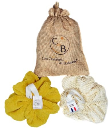 Lot de 2 fleurs de douche éponge de bain éponge pour le corps extra douce bambou et exfoliante coton bio durable (Exfoliante Jaune curcuma)