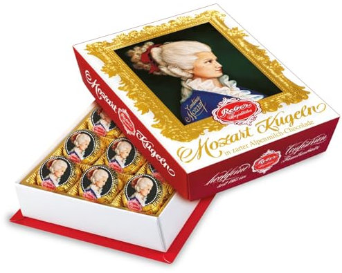 Reber, Constanze Mozart-Kugeln Barock, 15er Packung, Mozart-Kugeln aus Alpenmilch Schokolade, Gefüllt mit Pistazien, Marzipan, Mandeln, Haselnuss-Nougat, 300g (15 Constanze Mozart-Kugeln)