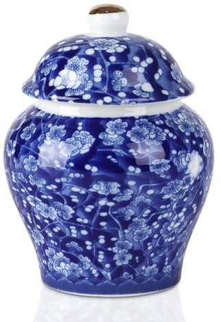 Yunjuhop Chinoiserie Bocaux à gingembre décoratifs en céramique avec couvercle - Vases en porcelaine pour salon et chambre à coucher - Bleu et blanc - Motif prune