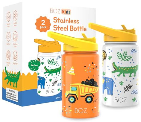 BOZ Kids Stainless Steel Water Bottle - 2 Pack Insulated, Leak Proof for Toddlers and Boys - Metal Construction/Safari Theme, 14 oz (414 ml)