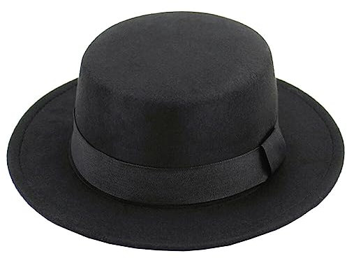 Upstore Fedora-Hut mit breiter Krempe, klassisch, flache Oberseite, Panamahut, Filz, Kirche, Derby-Kappe mit Band für Damen und Herren, Schwarz , M