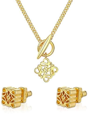 1 Paar Vintage-Ohrringe, 1 Hohle Halskette, Quadratische Hohle Ohrringe, Goldene Dreidimensionale Ohrringe, Gravierte Ohrringe