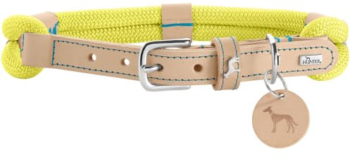 HUNTER Hundehalsband Malia, Farbe: Limette/Natur, aus geschmeidigem Tau & robustem Leder, leicht, strapazierfähig, moderner & eleganter Look, frische Farben, Made in Germany, Größe: 65