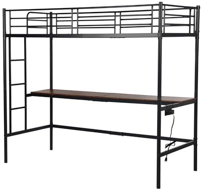 HOMYLIN Etagenbett mit Schreibtisch 90 x 200 cm, Metallbettrahmen mit Ladestation, Hochbett für Kinder, Jugendliche und Erwachsene, schwarz