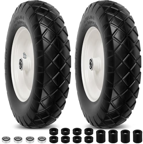 4.80/4.00-8 Flat Free Wheelbarrow Tires and Wheels - 16 Universal Fit Solid Tires with 5/8 or 3/4 Bearing, 3-7 Hub, Adapter Kit Hand Truck Wheels Replacement for Garden Trailer, Wagons, 2 PCS