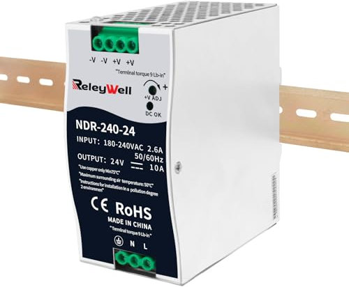 Fuente de alimentación carril DIN 24V,240W, 10A; transformador 230v a 24v led, carril DIN, fuente de alimentación 24 voltios, transformador campana, ReleyWell, NDR-240-24