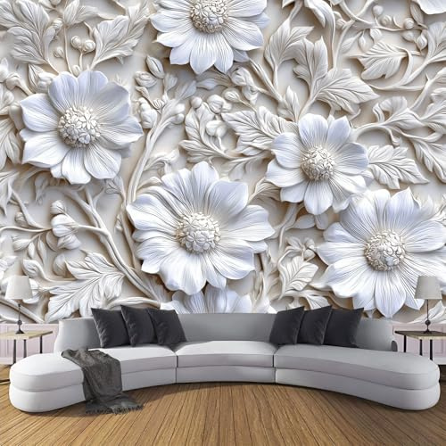 Fototapete 3D Relief Blumen 300×210cm(W×H) Tapete Wandbild Wandbild Blumen Pflanzen Bild Fototapeten XXL Tapeten Wandtapete Weiß Wand Schlafzimmer Wohnzimmer Moderne Vliestapete