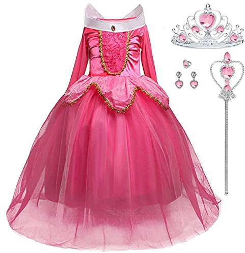 LiUiMiY Déguisement Princesse Fille Costume Enfant Bébé Halloween Carnaval Noël Cosplay Anniversaire Fête avec Baguette magique Couronne, Rose,7-8 ans (étiquette 150)