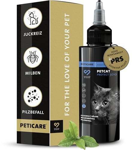 Peticare Anti-Parasiten Mittel für Katzen | gegen Milben Flöhe Pilze | lindert effektiv Juckreiz & unterstützt Regenerationsprozess | einzigartiges PRS® System für Lange Wirkung – petCat Protect 3010