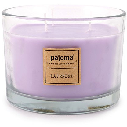 pajoma® Duftkerze Lavendel 340g Wachsgewicht | 3-Docht Soja-Paraffin-Wachsgemisch | mit Holzdeckel - ca. 40 Std. Brenndauer | Hochwertiger Raumduft im Glas