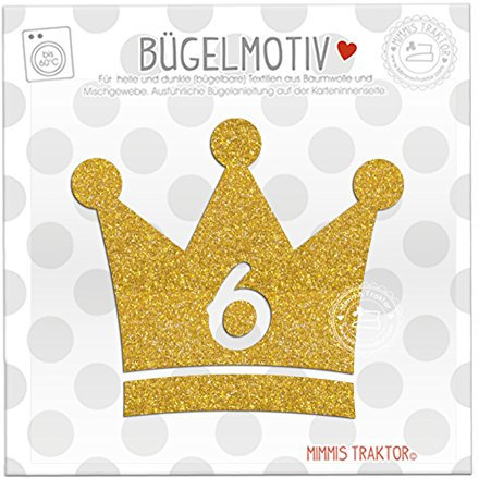 GLITZER Bügelbild Krone 10 cm GOLD Aufbügler Applikationen Bügelsticker für Stoffe Textilien Kinder zum Aufbügeln Flicken, Zahl:6