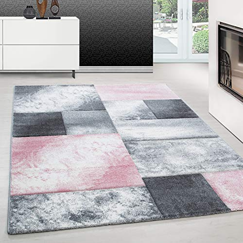 Teppium Moderner Kurzflor Teppich Läufer Flur 80 x 150 cm Pink - Konturenschnitt Teppich Waschbar, Kariert Design, Pflegeleicht und Weich - Ideal als Bettvorleger im Schlafzimmer und Küchenläufer