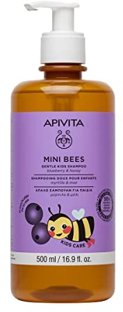 Apivita Mini Bees Champú suave para niños 500ml. Champú natural con miel y arándanos para un cabello suave y brillante. Sin sulfatos, sin siliconas.