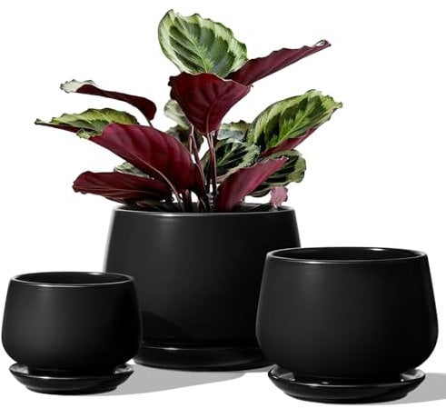 LE TAUCI 3er Set Keramik Blumentöpfe, 10/13/16 cm Durchmesser Klein Blumentöpfe Set, Übertöpfe für Zimmerpflanzen, Pflanztöpfe mit Untersetzer und Abflussloch, Schwarz