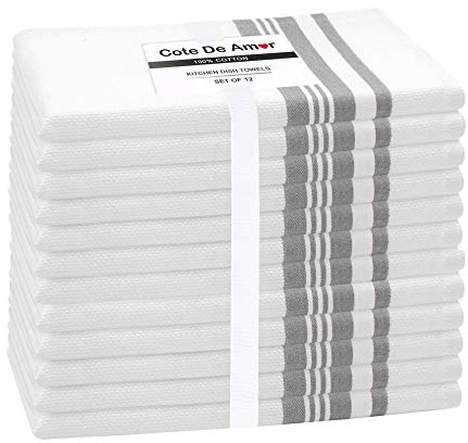 Cote De Amor 12er Set 100% Baumwolle Geschirrtuch Küchentücher 40 x 66 cm - Saugfähige Maschinenwaschbar Küchentücher mit Aufhängeöse - Grau und Weiß