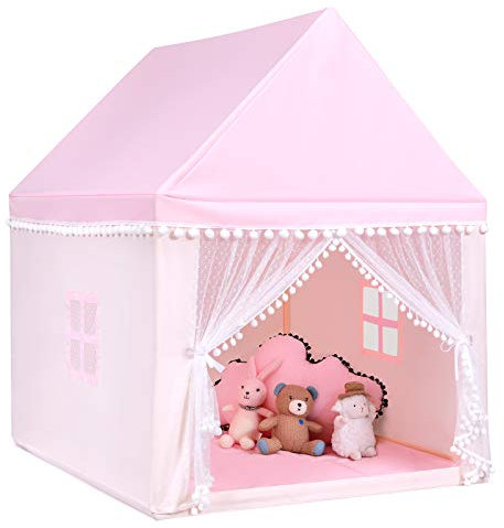 COSTWAY Kinderzelt Indoor, Kinderspielhaus für Jungen Mädchen Prinzess Prinzessin, Kinderspielzelt mit Massivholzrahmen & Baumwolldecke, Kinder Spielhaus für Drinnen, 120x105x140cm (Rosa)