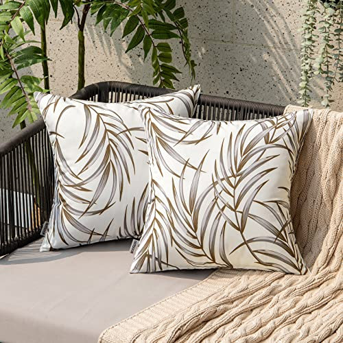 EMEMA Outdoor Kissenbezug Wasserdicht Blattmuster Dekokissen Wasserfeste Kissenbezüge Kissenhülle Zierkissen Couchkissen Bezug für Sofa Couch Schlafzimmer 2er Set 45x45 cm Braun-grau