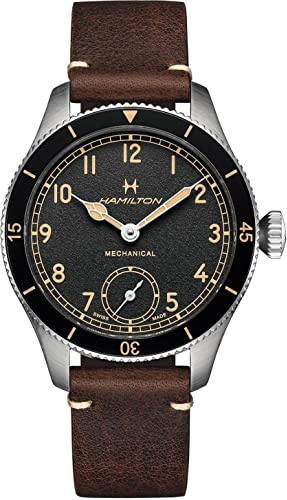 Hamilton Khaki Aviety - Pilot -Pioneer -Serie (Ø 43 mm) | Swiss Made, schwarzes Zifferblatt, analoge Uhr, wasserdicht bis 100 m, Saphirglas, Kalbslederarmband, Edelstahlgehäuse