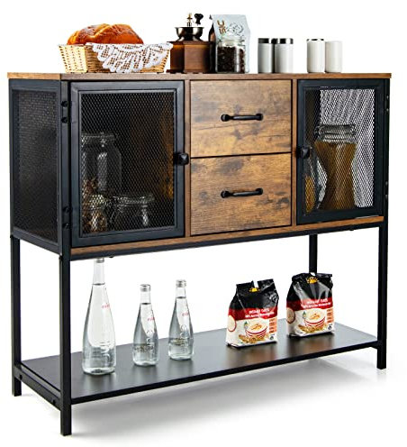 COSTWAY Buffet Salle à Manger, Buffet Salon Industriel Bois Métal avec 2 Placards, 2 Tiroirs, 2 Portes en Maille Fer, Meuble Cuisine Rangement, Marron Rustique, 100 X 35 X 85 CM