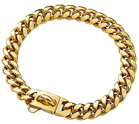 Hundehalsband, Goldkette, robust, kubanische Gliederkette, Hundehalsband, mit Metallschnalle, D-Ring, Welpen-Kostüm für mittelgroße und große Hunde (45,7 cm)