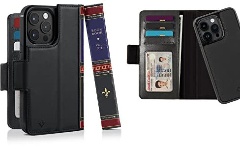 Twelve South BookBook für iPhone 14 Pro | MagSafe Kompatible Vollnarbenleder Wallet Case mit Display-Ständer + Abnehmbarer Stand-Alone-Leder-Akzenthülle,Schwarz, TS-2227