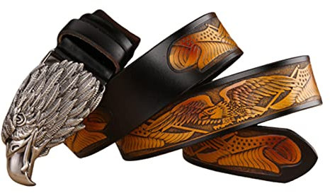 YOPADO Herren Ledergürtel Geschnitztes Schnalle Mit Adlerkopf, Jeansgürtel Geprägtem Ornament Fliegender Adler Muster Gürtel(115cm/waist:38~40, Black)