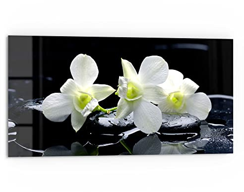 DEQORI Küchenrückwand Glas | Motiv Orchidee mit Zen-Steinen | 80x40 cm | Bad- oder Herd-Rückwand | Herdblende Spritzschutz für Küche & Badezimmer | moderne Deko für Fliesenspiegel