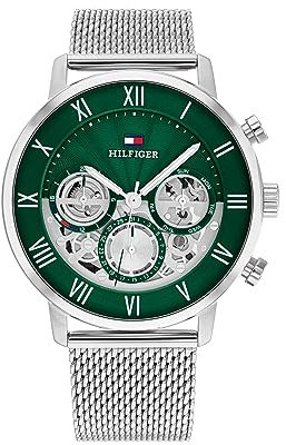Tommy Hilfiger Multi Zifferblatt Quarz Uhr für Herren mit Silbernes Edelstahl-Mesh-Gliederarmband - 1710567