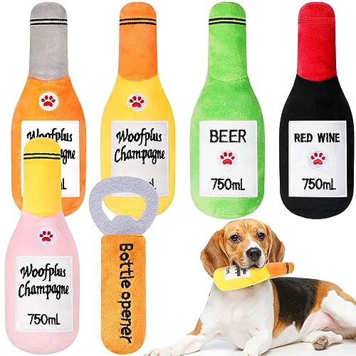 Shappy Quietschendes Hundespielzeug, Bierflasche und Öffner, Quietschspielzeug, interaktives, lustiges Hundespielzeug mit Quietscher, Plüsch, Wein, Champagner, Hundespielzeug für kleine und