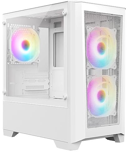 CiT Level 2 Airflow Micro-ATX PC Gaming Case M/ATX with Mesh Front Panel & Tempered Glass Side Panel with with 3 x RGB Rainbow Fans Included | White