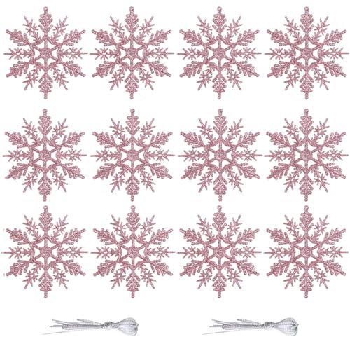 SECALIFE 10CM Hanging Glitter Snowflake Decorations, 12 Pieces Ornaments for Christmas Tree, Xmas Home Décor, Party Supplies, Pink