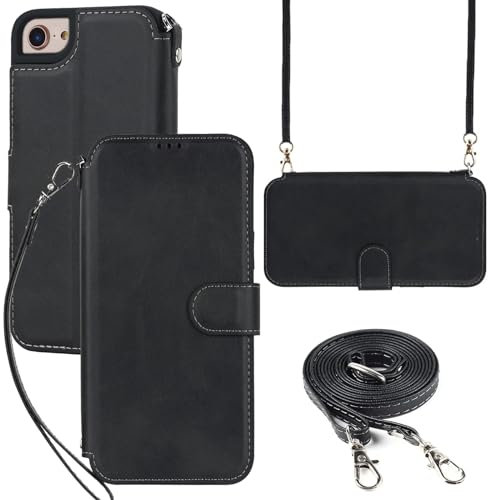 ELTEKER Hülle für iPhone 7/8/SE2/SE3 Klapphülle,Handyhülle iPhone 7 iPhone 8 mit Umhängeband und Kartenfach mit Ständer,Perfekt Schutz Lederhülle,Schwarz