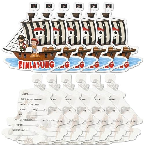 KOIROI 12x Einladungskarten Kindergeburtstag, Piraten Einladungskarten, Einladungen für Jungen, Piratenparty Kindergeburtstag, Party Einladungskarten Junge Mädchen